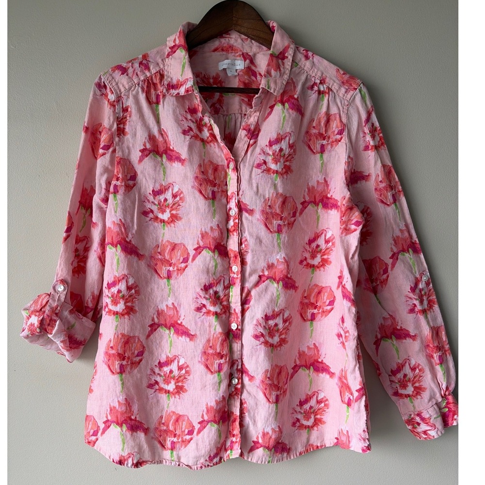 Charter Club Womens XL Pink Floral 100% Linen Button Down Roll Tab Sleeve Shirt
